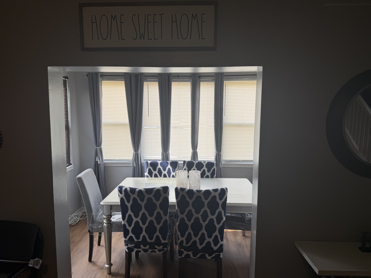 Dining room with table set for a meal
